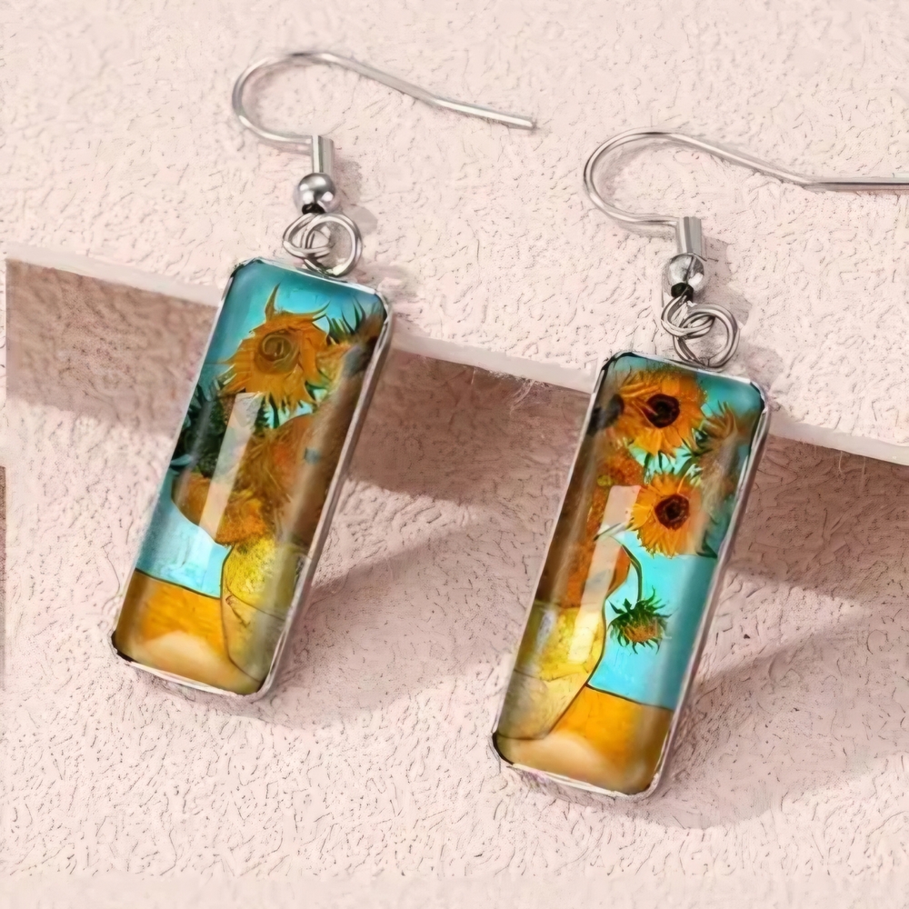 Sunflower Glass Drop Earrings in Teal and Yellow